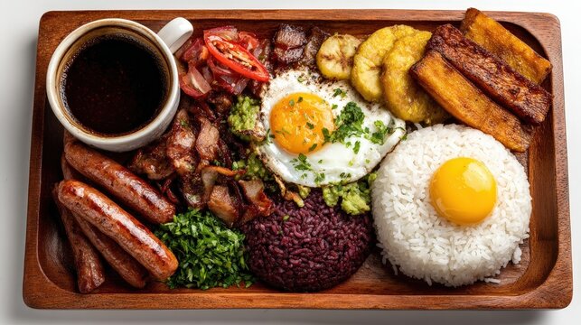 Colombian bandeja paisa platter with Colombia text isolated on white background