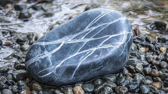 soapstone. Smooth soapstone rock with water-like veining on a pebble riverbed. travel magazines, destination branding, designed for outdoor magazines and nature guides, used by product managers.