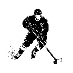 Black and White Ice Hockey Player Silhouette Vector on White Background