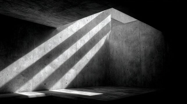 lightwell. A monumental geometric concrete light well with sharp beams of sunlight. real-estate listings, architecture portfolios, designed for real-estate listing and luxury residence showcases.