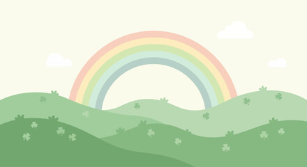 Fototapeta premium Whimsical illustration featuring a gentle pastel rainbow spanning across rolling green hills, dotted with lucky shamrocks and soft clouds, creating a peaceful and charming spring landscape
