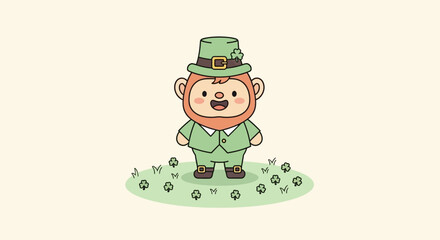 Charming Little Leprechaun Character Standing in a Lush Green Field of Shamrocks, Celebrating Irish Folklore and Luck in a Whimsical Cartoon Style