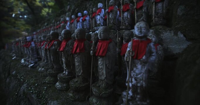 Steady cam at end of line of ancient Japanese buddha statues in forest
