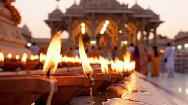 Maa durga Lamps at Hindu Temple during Evening Festival Celebration