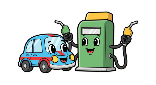 Happy Cartoon Blue Car and Green Gas Pump Characters Illustration