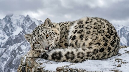 Obraz premium Portrait of a Snow Leopard Lying on a Snowy Rock in High Altitude Mountains
