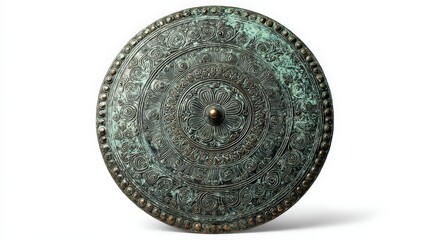 Fototapeta premium Etruscan bronze mirror with etching isolated on white background