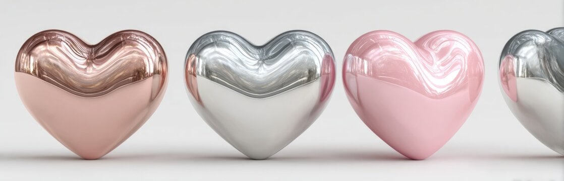 Four glossy, heart-shaped objects with metallic and pastel color schemes. Reflective surface
