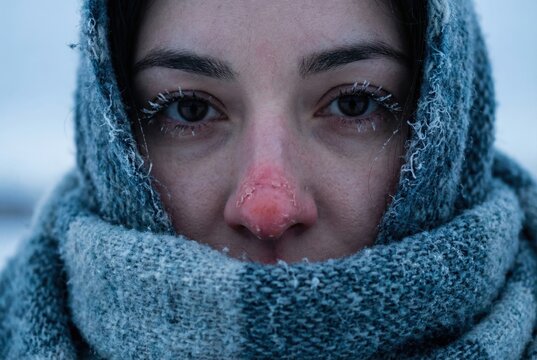 Woman with frost on eyelashes and red nose in extreme cold