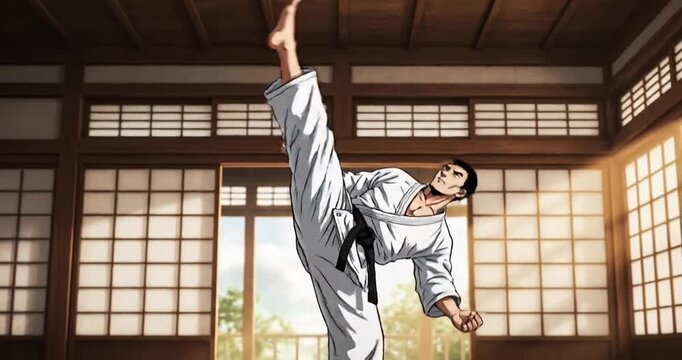 A martial artist performing a high kick in a traditional dojo, with wooden beams and natural light