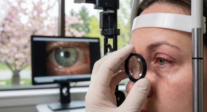 Woman undergoing eye examination for red eye