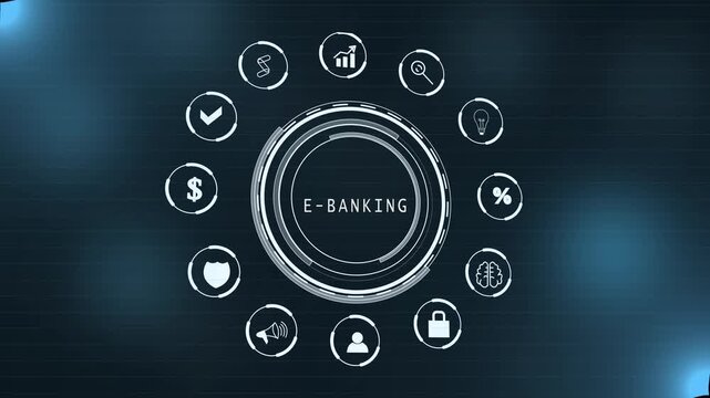 glowing E-BANKING. button in German on a futuristic, abstract. concept. Work performance is influenced. Abstract neon Hud knowledge ability business gear icon Glowing neon line concept.