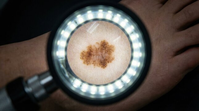 Dermatologist examining skin mole with dermatoscope