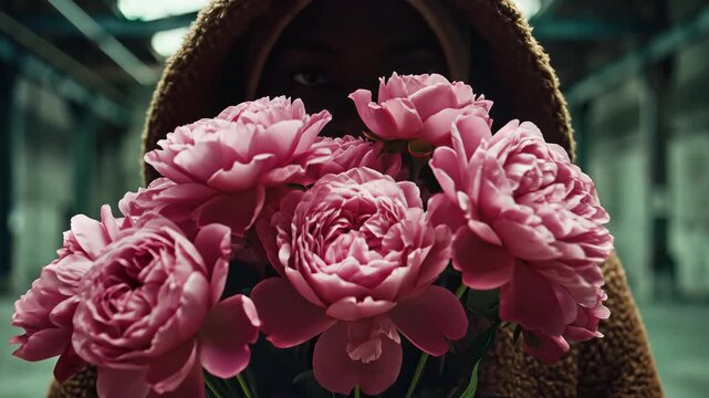 Person holding a bouquet of pink peonies in a hooded coat.