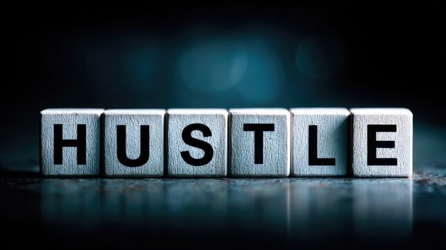 Hustle Motivation: Scrabble Letter Blocks Reflecting Ambition and Determination on Dark Background