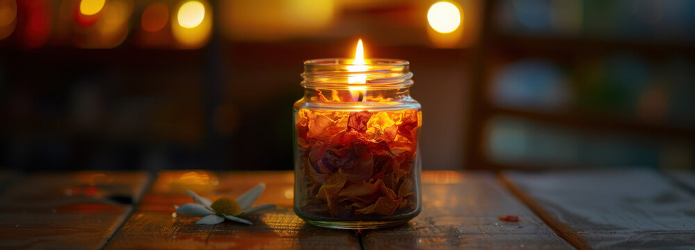 Burning Candle: The soft, warm light from a candle set in a clear jar flickers gently, casting dancing shadows on a rustic wooden table.  A delicate flower lies nearby. The warm and inviting scene.