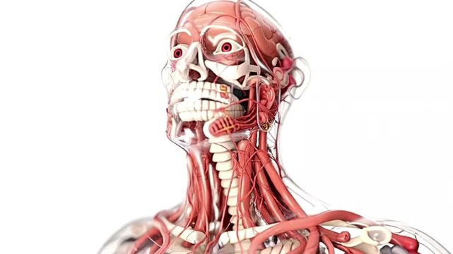 Detailed anatomical illustration of human head and neck muscles, bones, and blood vessels.
