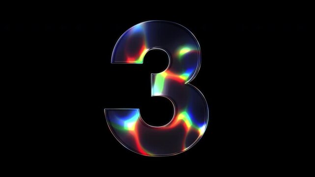 A number "3" with various colors of light sparkling on its glass-like surface with alpha channel. Seamless loop video.