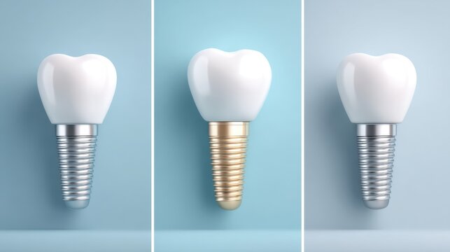 Three dental implants displayed on a blue background, showcasing different materials: silver, gold, and chrome finishes for human teeth replacement