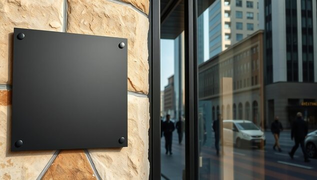 Modern black square plaque mounted on a brick wall near a glass window.
