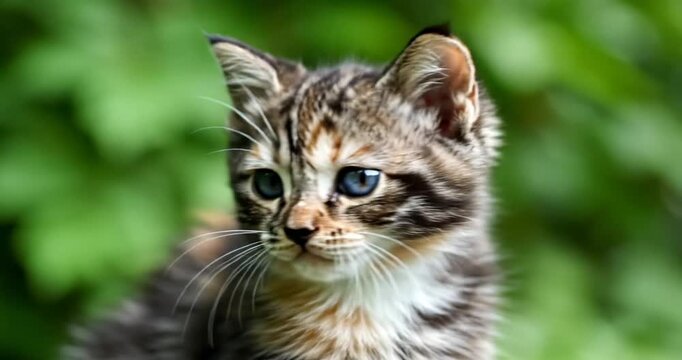 Adorable tabby kitten with bright blue eyes in a lush green environment.