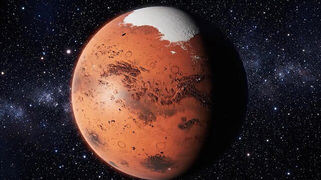 A distant red planet with a visible polar ice cap floats in the vastness