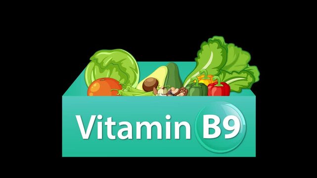 Vitamin B9 Box Animation With Fresh Vegetables and Greens
