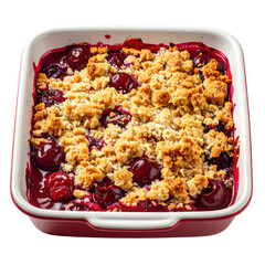 Homemade Cherry Crumble in a Red Baking Dish with Golden Crumb Topping