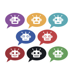 Collection of colorful robot icons in speech bubbles