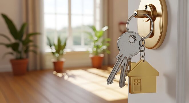 House keys hanging on door with gold handle and house shaped keychain in modern home