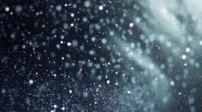 Blue snowflakes and falling ice stars create a glittering winter pattern over water drops on the window for a cold Christmas holiday celebration background