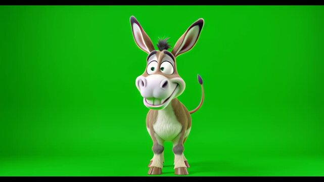 Funny cartoon donkey making a silly face in a studio green screen backdrop