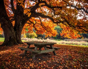 A serene autumn scene with a wooden picnic table under a tree