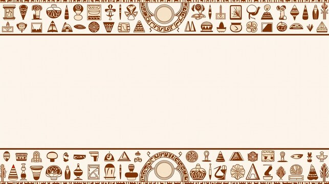 Ancient Egyptian style border frame with hieroglyph icons and copy space
