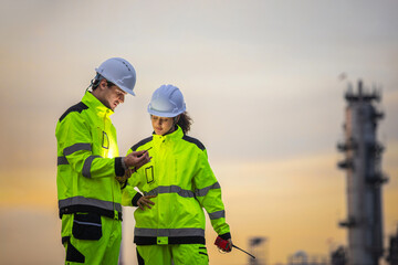Engineers discussing maintenance and technical equipment outdoors at a power plant, Professional industrial technicians in safety gear monitoring real-time data at a refinery plant during sunset
