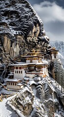 Paro Taktsang Monastery Clinging to a Snowy Cliff in Bhutan.