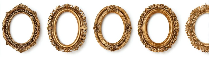 Fototapeta premium Gold, ornate picture frames in a row. Various shapes, intricate carvings, against a white backdrop