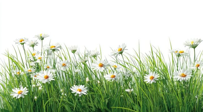 Daisies and grass flourish, with white petals and yellow centers, against a bright background