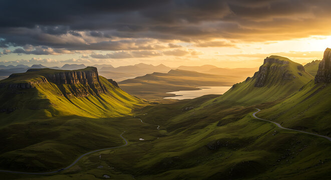 A serene landscape with rolling hills and a dramatic cloudy sky at sunset.