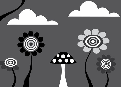 Grayscale retro illustration displays stylized flowers with concentric centers and a spotted mushroom under white clouds on a dark gray background.