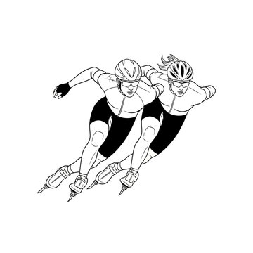 Black and White Speed Skating Silhouette Vector on White Background, Winter Sports Icon Illustration