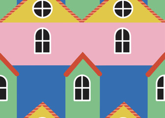 Fototapeta premium Colorful seamless pattern with stylized houses in pink, yellow, blue, and green tones.