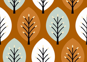 Fototapeta premium Stylized branches grow inside colored oval leaves on a brown surface.