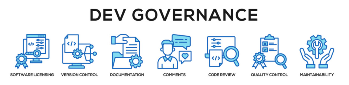 Blue - Dev Governance web banner icon vector illustration concept for business with icon of Software Licensing, Version Control, documentation, comments, Code Review, Quality Control,.