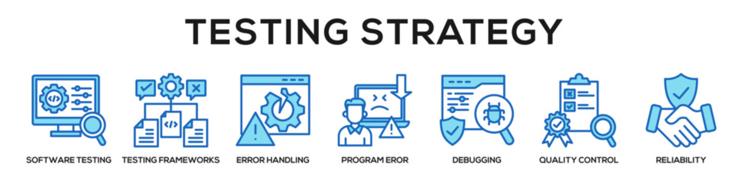 Blue - Testing Strategy web banner icon vector illustration concept for business with icon of software testing, Testing Frameworks, Error Handling, Program Eror, debugging, Quality Control,.