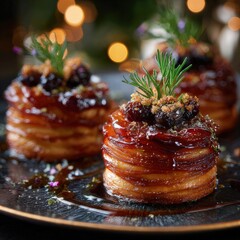 Gourmet Mini Pancake Stacks with Caramel Sauce and Herbs