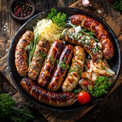 Grilled Sausages with Herbs in Cast Iron Skillet