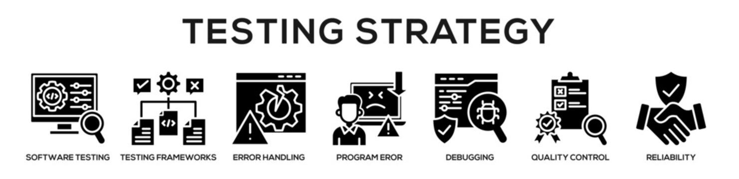Glyph - Testing Strategy web banner icon vector illustration concept for business with icon of software testing, Testing Frameworks, Error Handling, Program Eror, debugging, Quality Control,.