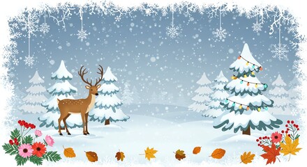Fototapeta premium Winter landscape with deer and snow-covered trees