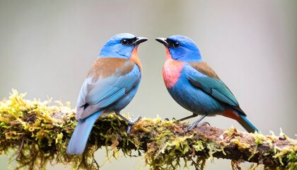 Obraz premium Two vividly colored birds perched on moss-covered branch facing each other with vibrant plumage in forest scene.